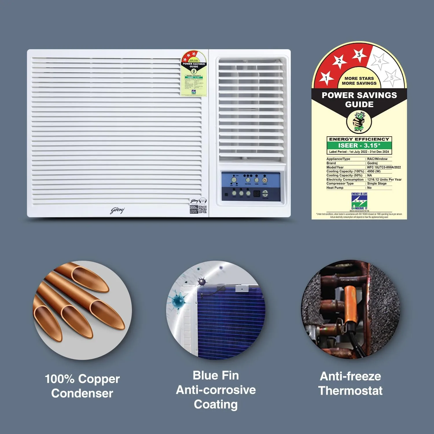 Godrej WFC 12UTC3-WWA 1 Ton 3 Star, Turbo Mode, Window AC (Copper, Anti Corrosive Blue Fin)