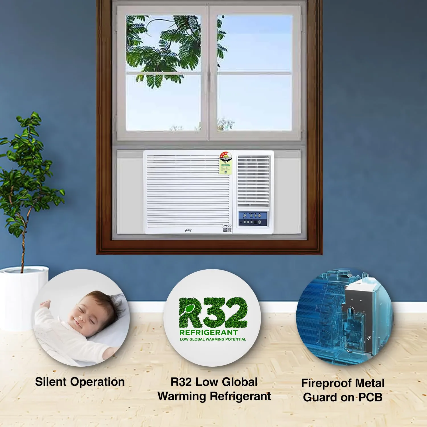 Godrej WFC 18UTC3 1.5 Ton 3 Star Window AC  Copper Condenser, R32 Green Gas, Anti-Corrosive Blue Fin