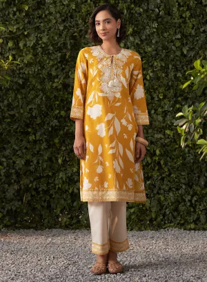 June Mustard Printed Rayon Co-ord Set for Women