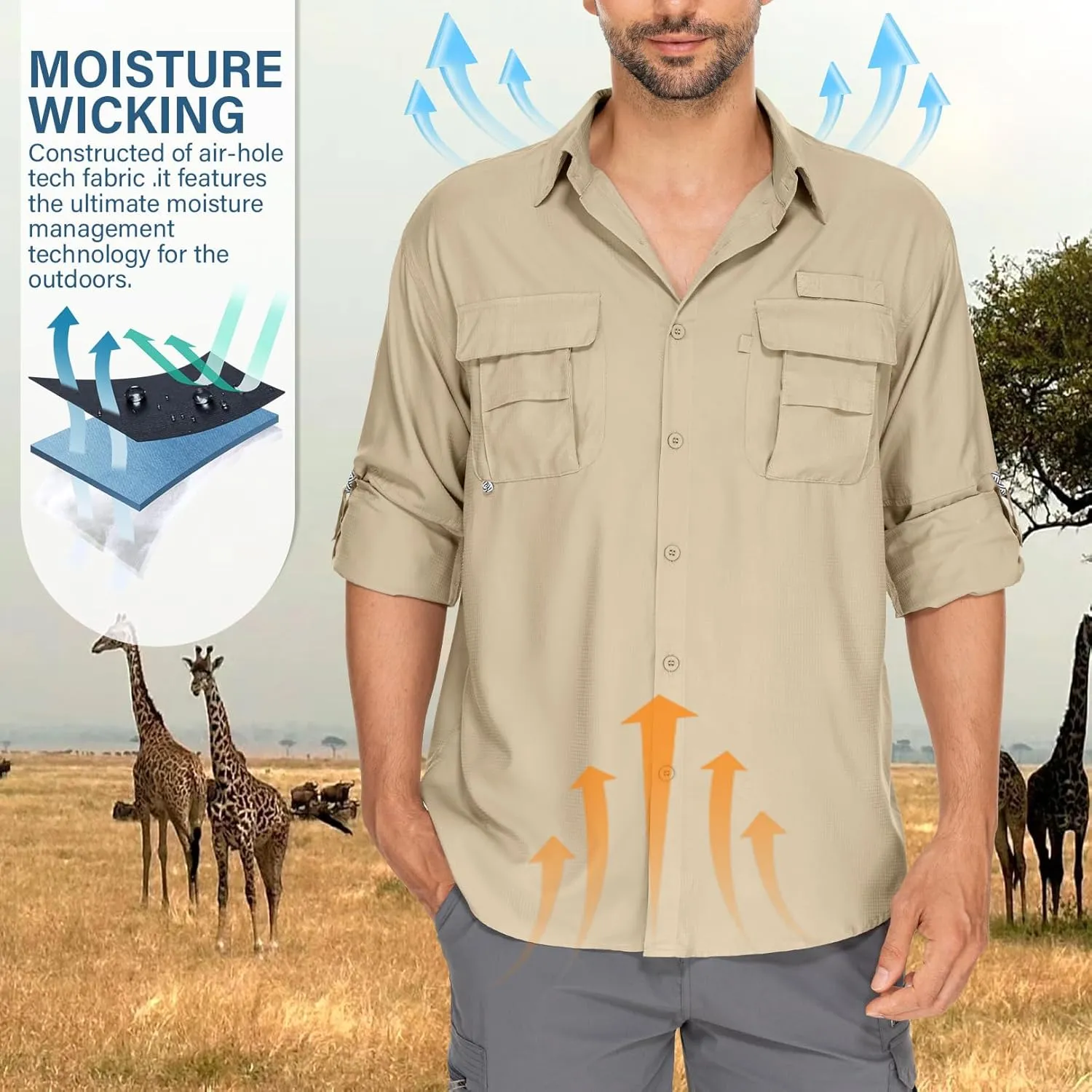 Mens Safari Shirts Long Sleeve UV Protection Hiking Fishing UPF 50  Quick Dry Camping Travel Shirts