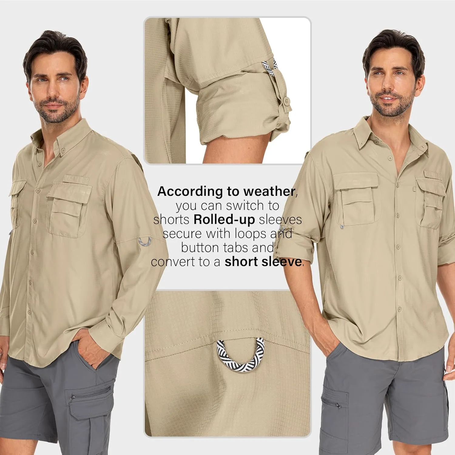 Mens Safari Shirts Long Sleeve UV Protection Hiking Fishing UPF 50  Quick Dry Camping Travel Shirts