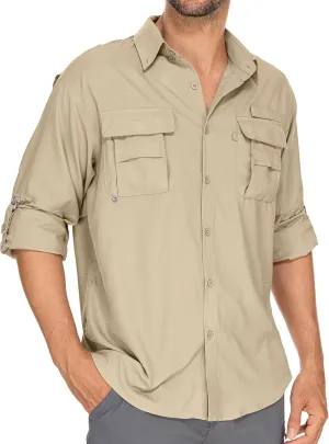 Mens Safari Shirts Long Sleeve UV Protection Hiking Fishing UPF 50  Quick Dry Camping Travel Shirts