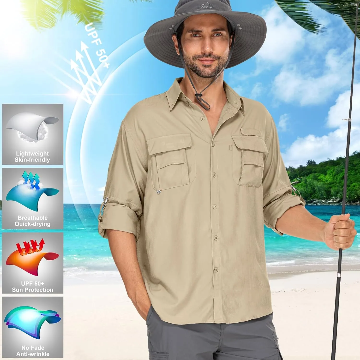 Mens Safari Shirts Long Sleeve UV Protection Hiking Fishing UPF 50  Quick Dry Camping Travel Shirts
