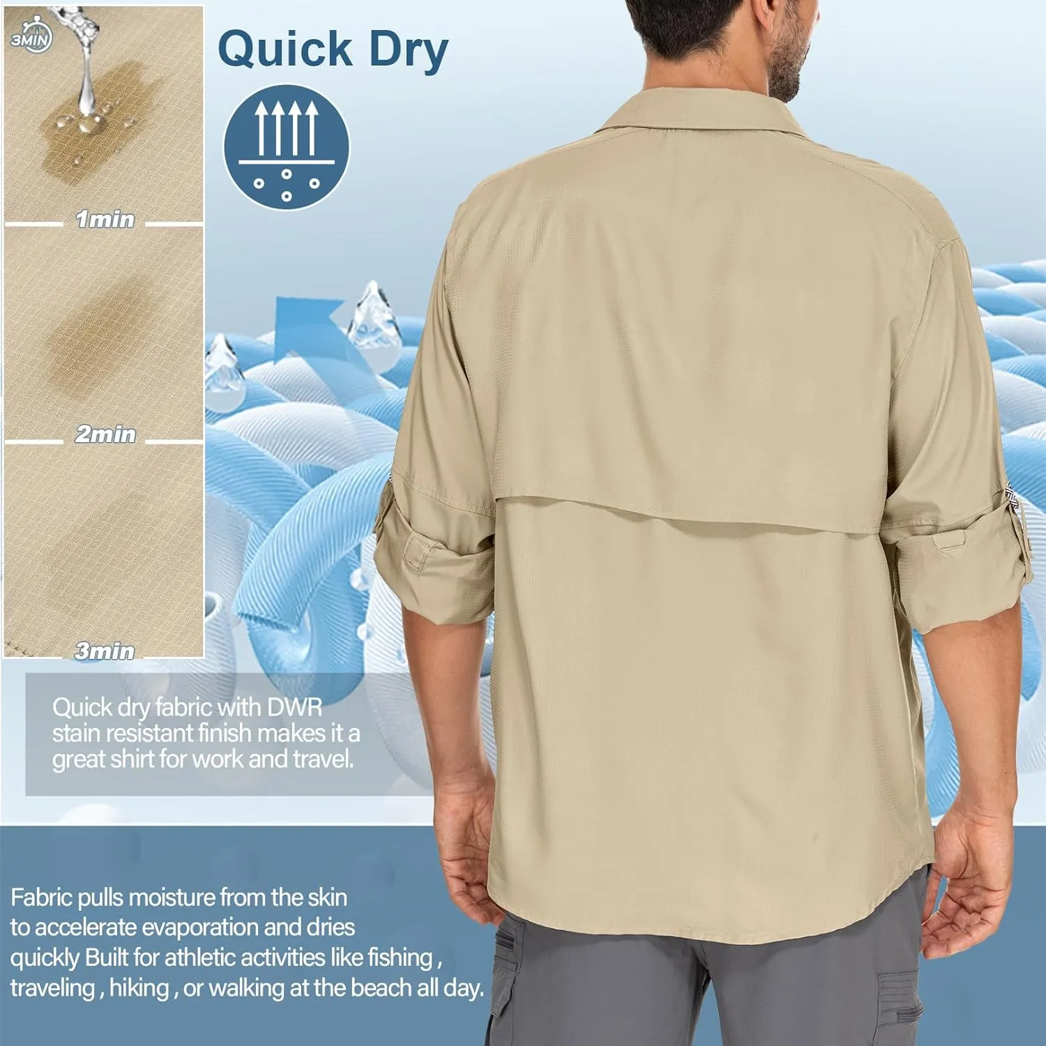 Mens Safari Shirts Long Sleeve UV Protection Hiking Fishing UPF 50  Quick Dry Camping Travel Shirts