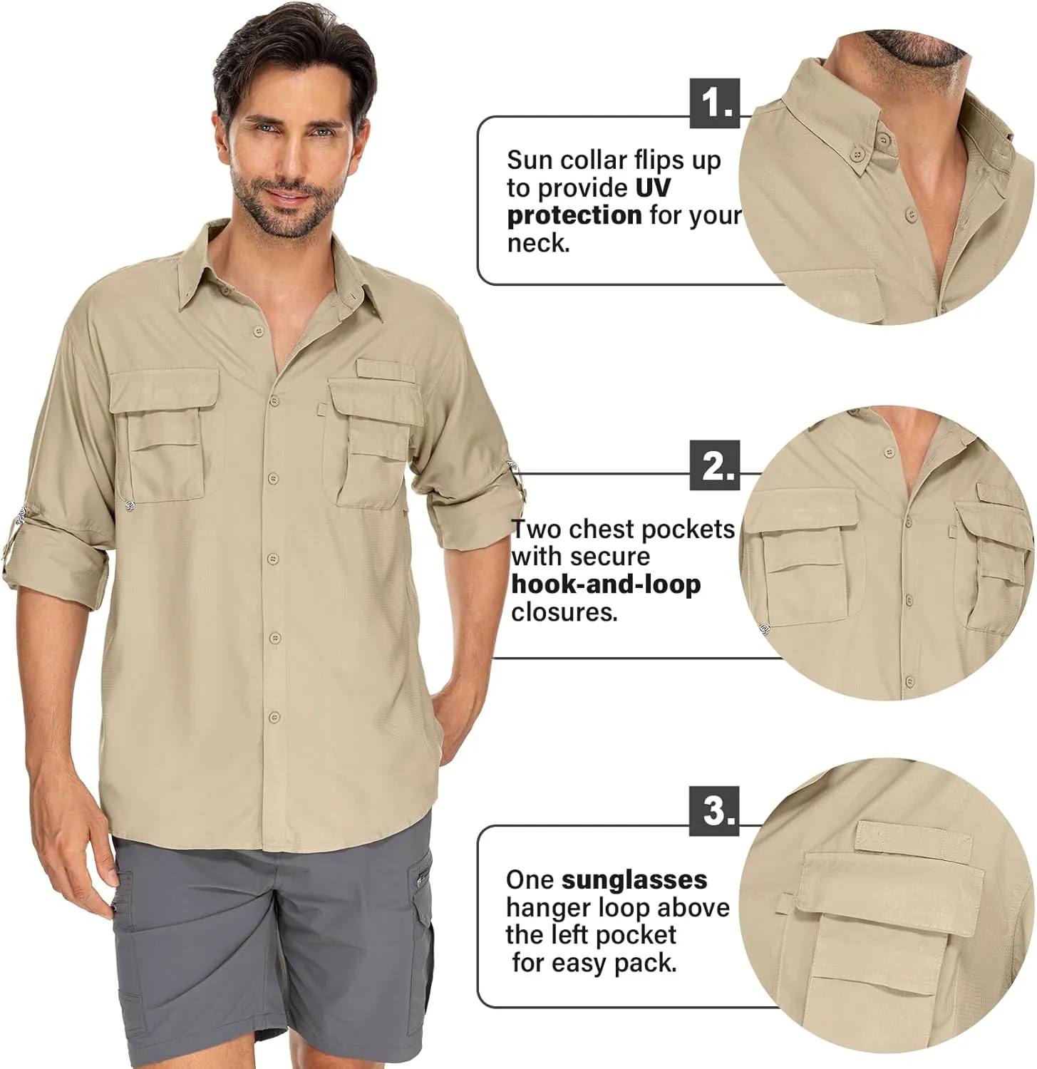 Mens Safari Shirts Long Sleeve UV Protection Hiking Fishing UPF 50  Quick Dry Camping Travel Shirts