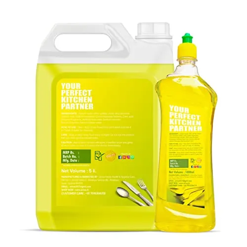 Onive PowerDrop Dish Wash Liquid Gel 5 Litres   1 Litre Refill Pack Combo Offer, Power of Lemons, Leaves No Residue, Grease Cleaner for All Utensils, Concentrated Dishwash Liquid Kitchen Soap