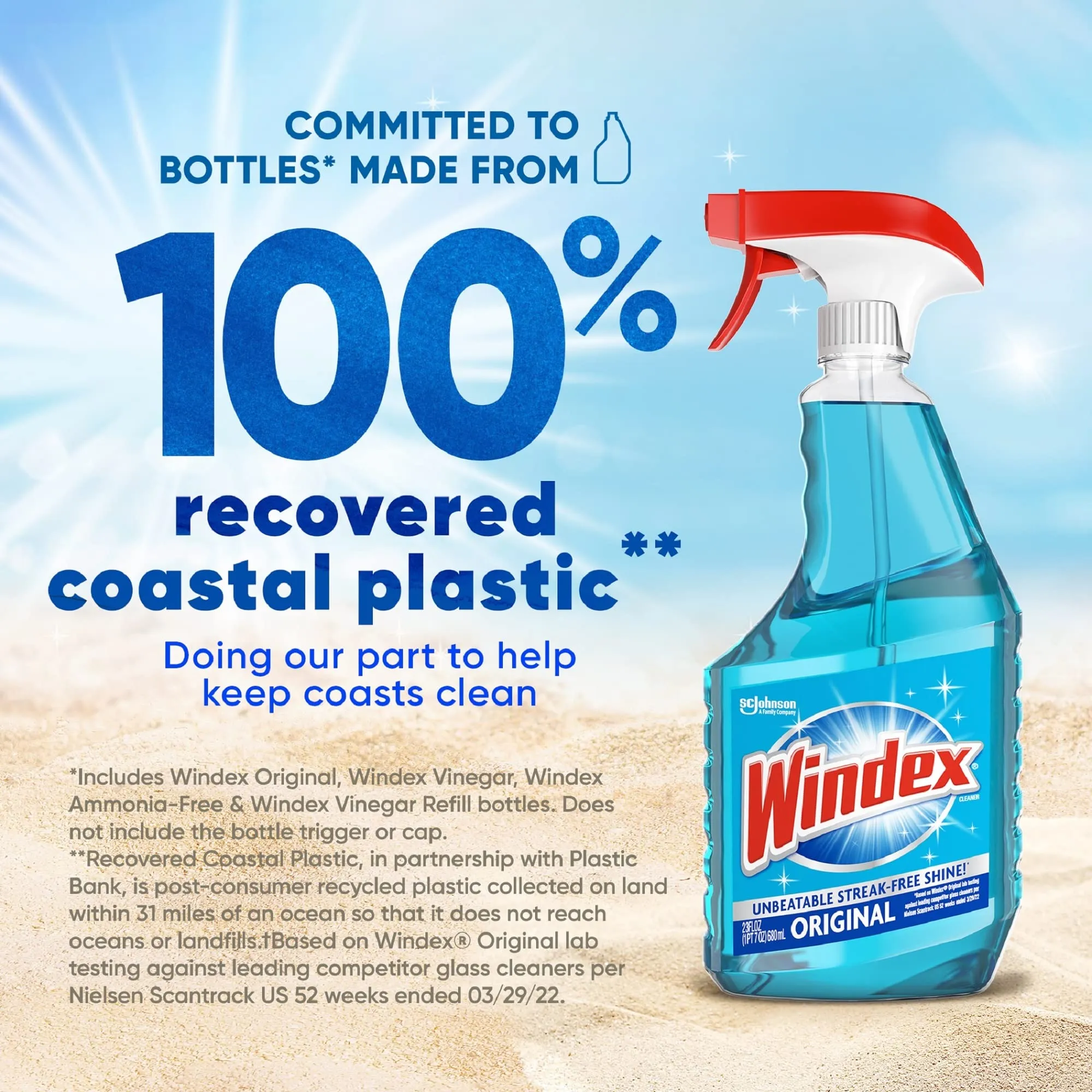 Windex Glass and Window Cleaner Spray Bottle, Bottle Made from 100% Recycled Plastic, Surface Cleaning Spray, Original Blue Scent, 23 Fl Oz (Pack of 6)